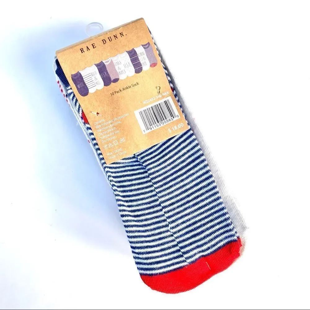 Rae Dunn Patriotic Ankle Socks 10pk Red White Blue NWT